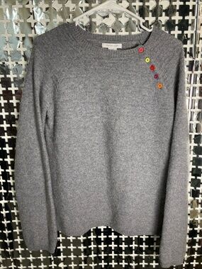 Tabitha Webb Heather Gray Crewneck Sweater with Colorful Button Accent
